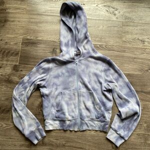 Tna Aritzia blue & white tie dye waffle knit slight cropped zip up hoodie